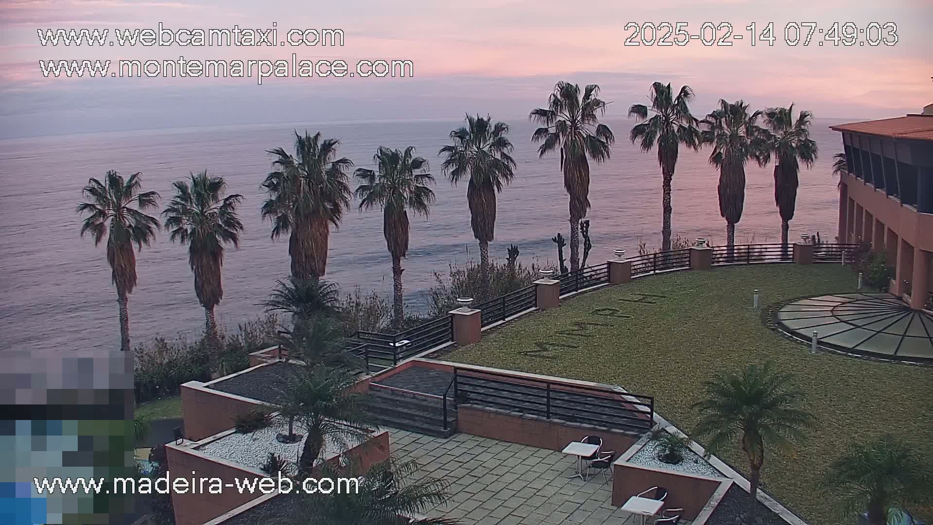A calm ocean at dawn is viewed from an elevated vantage point overlooking a resort with palm trees and manicured lawns.