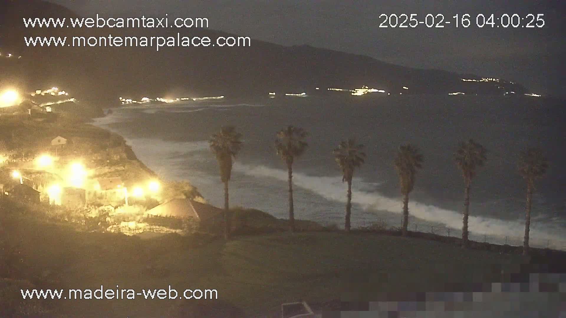 A nighttime coastal scene shows a dark ocean with waves crashing near a shoreline with palm trees and illuminated buildings under a dark sky.