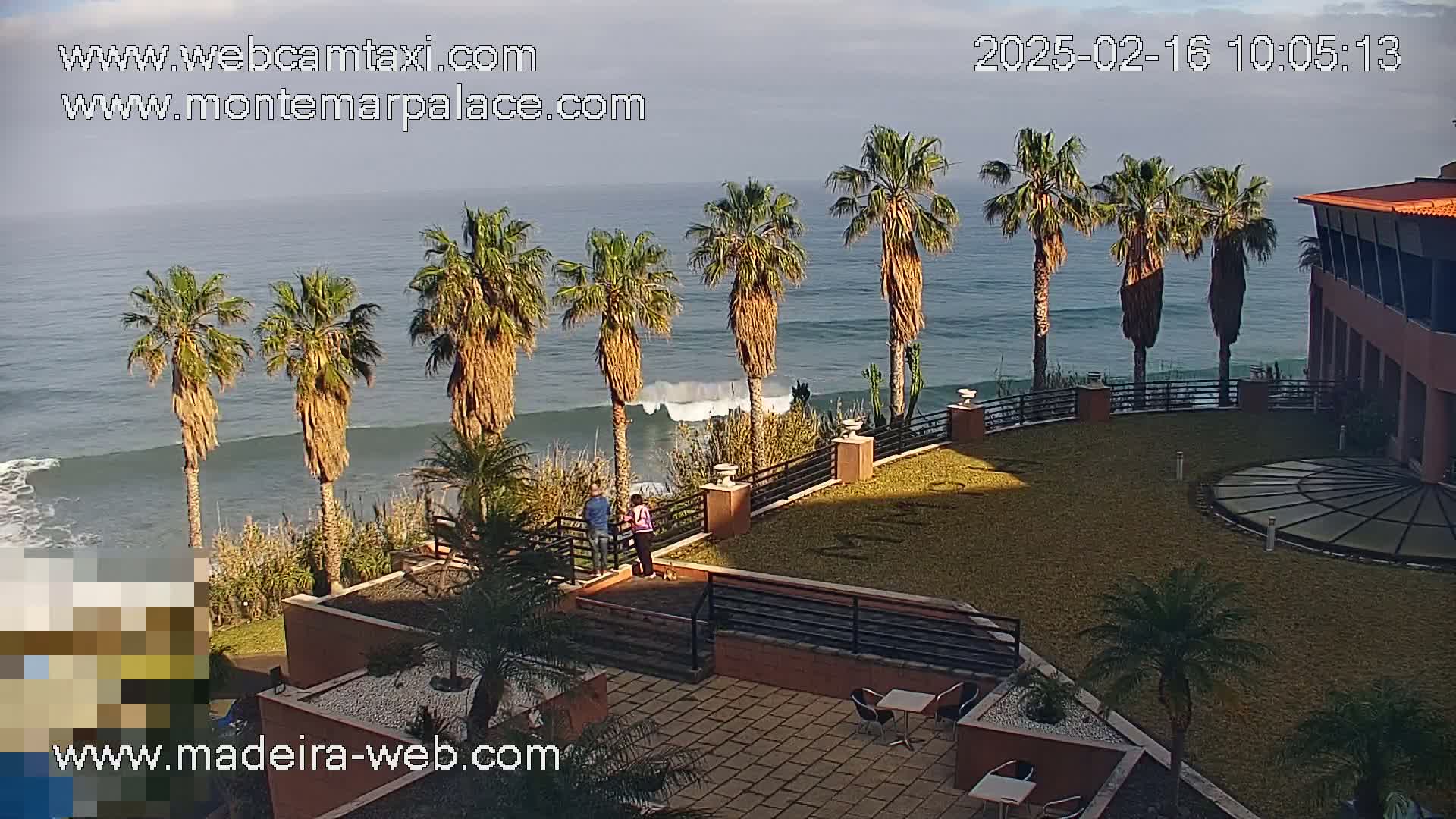 A partly sunny ocean view from a resort overlooking a grassy courtyard with palm trees, a couple standing near a railing, and a glass skylight.