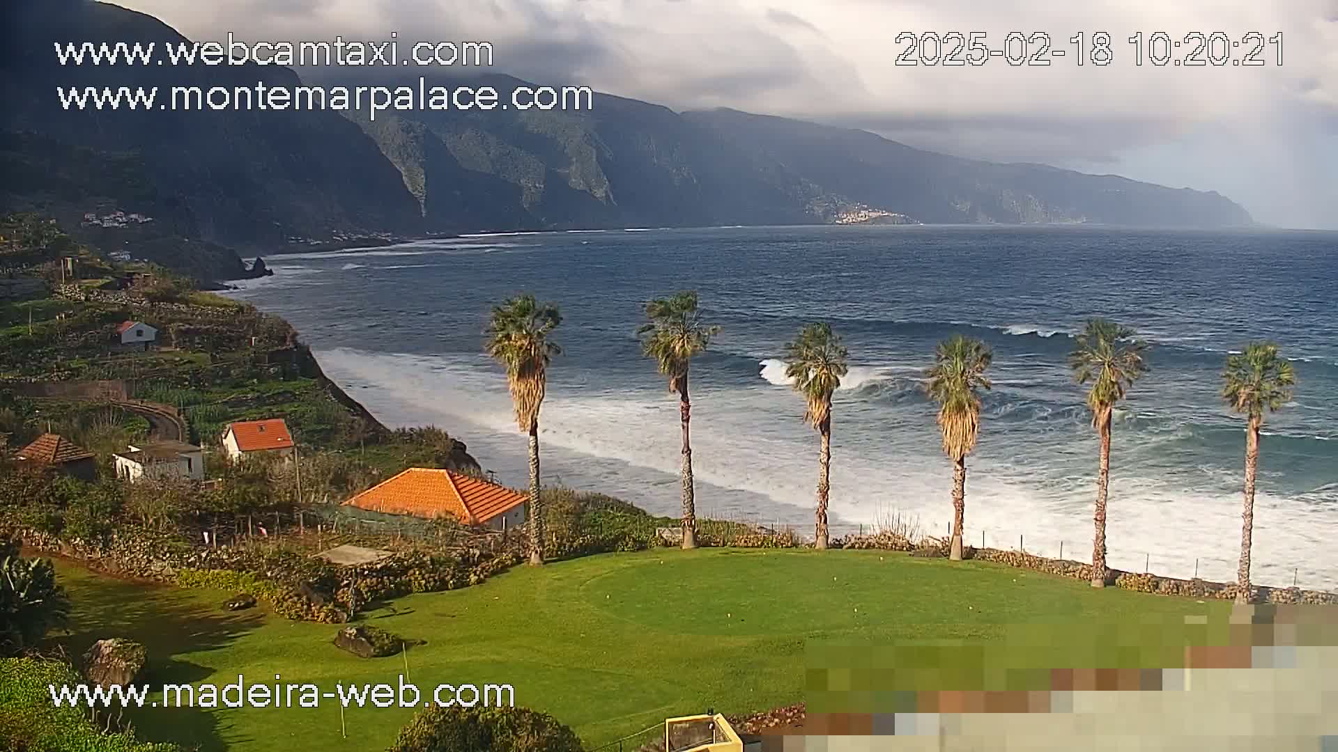 A coastal scene shows a grassy area with palm trees overlooking a rocky shoreline and ocean with moderate waves under a partly cloudy sky.