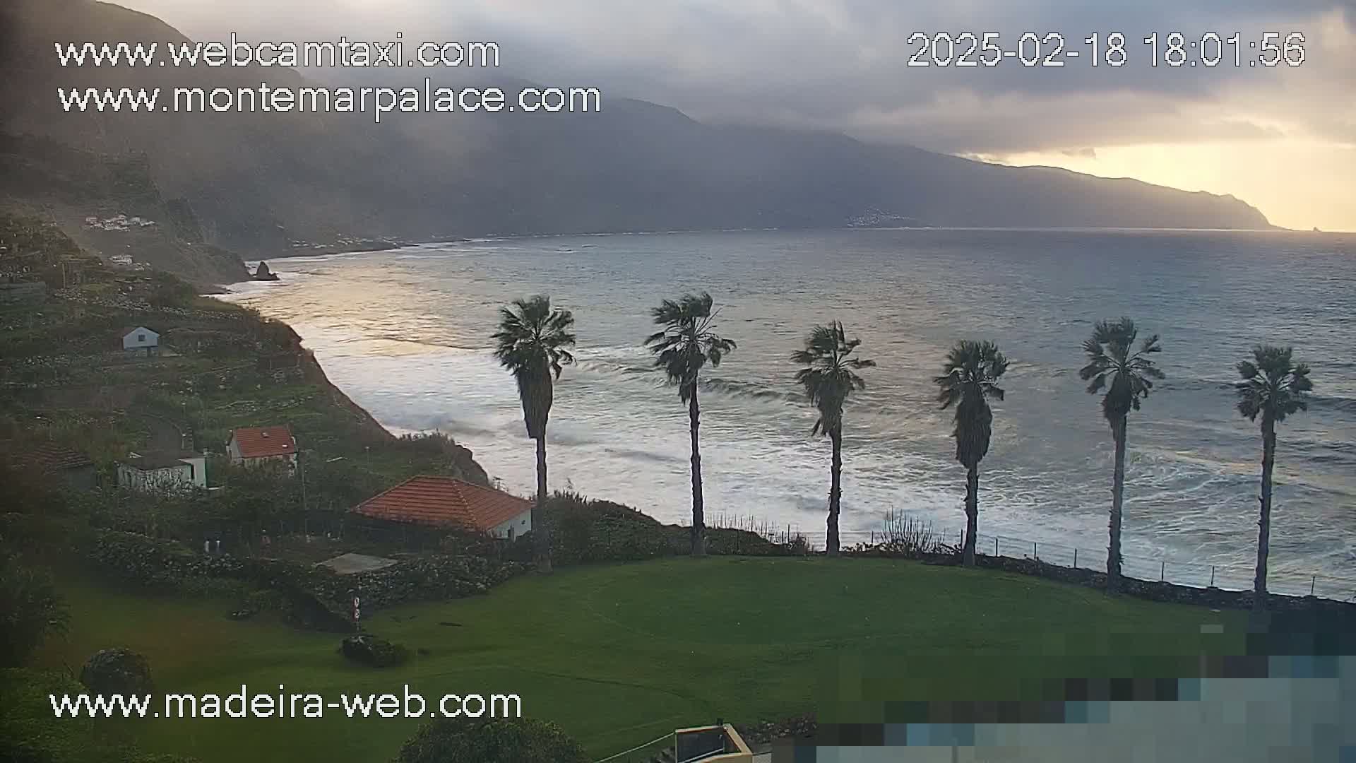 A coastal scene under overcast skies shows a rocky shore with several houses, palm trees lining a grassy area overlooking a wavy ocean, and distant mountains.