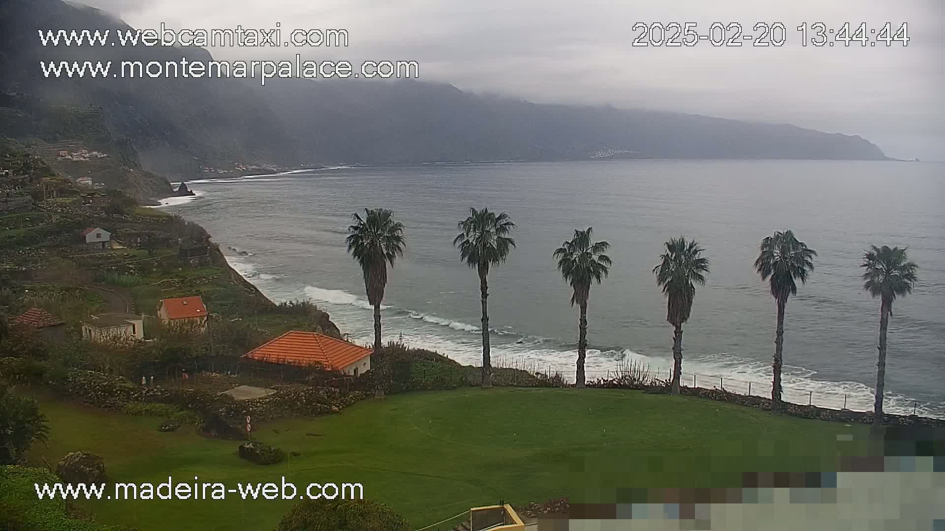 A coastal scene on an overcast day shows a rocky shoreline with small houses, palm trees lining a grassy area overlooking a wavy ocean and distant mountains.