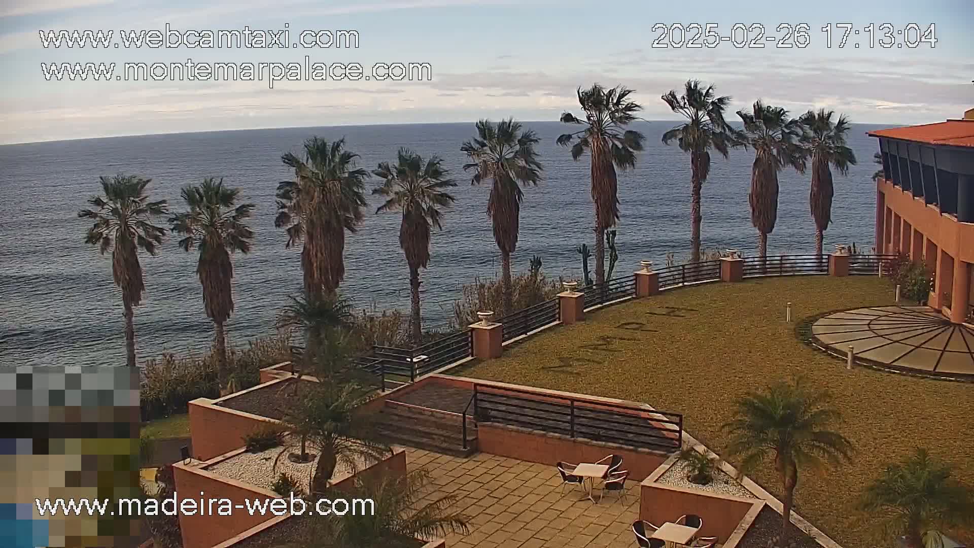 A partly sunny seaside resort with palm trees overlooks a calm ocean.