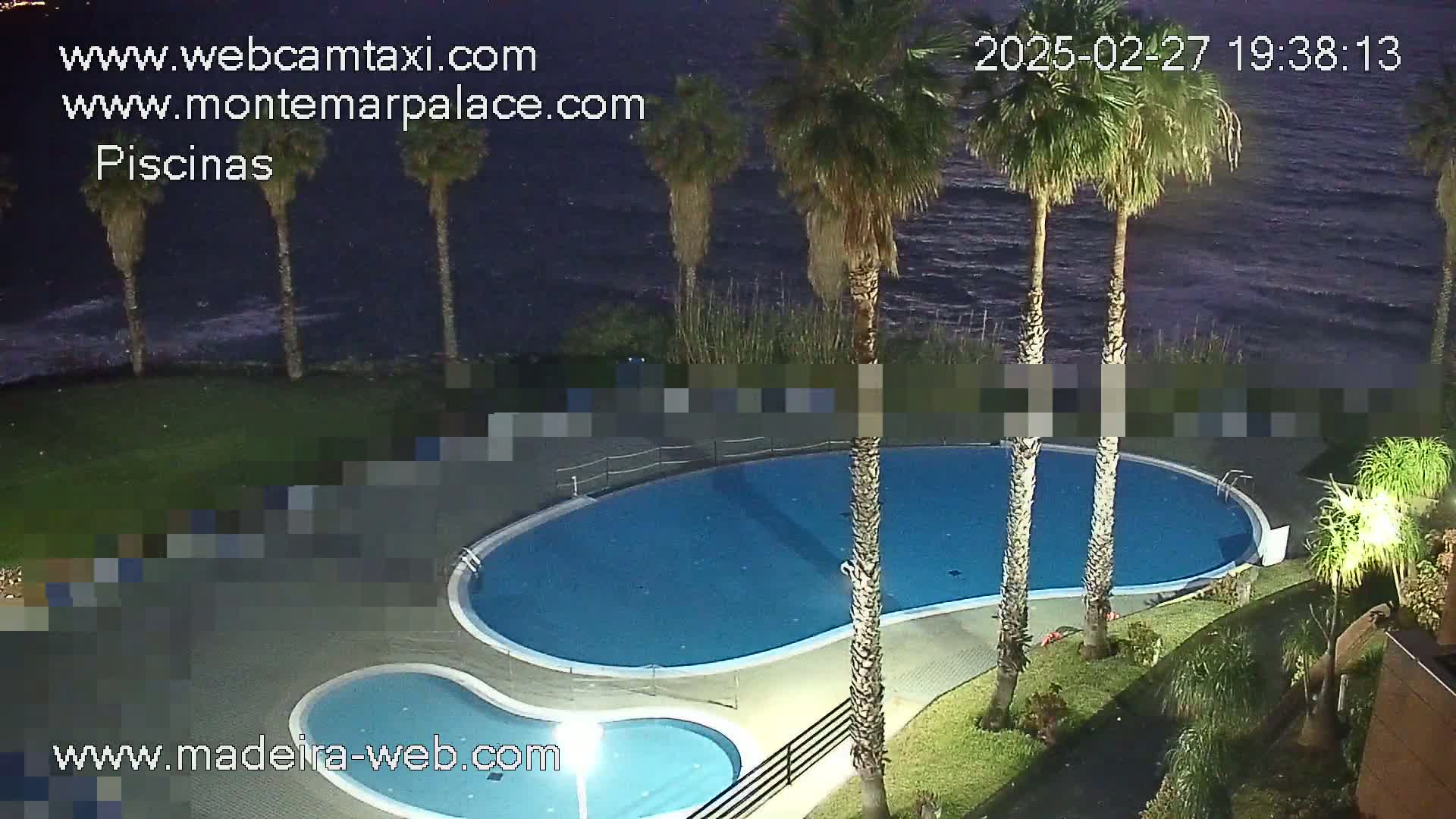 An outdoor nighttime scene shows a kidney-shaped swimming pool and a smaller adjacent pool, surrounded by palm trees and landscaping, overlooking a dark ocean under a mostly clear sky.