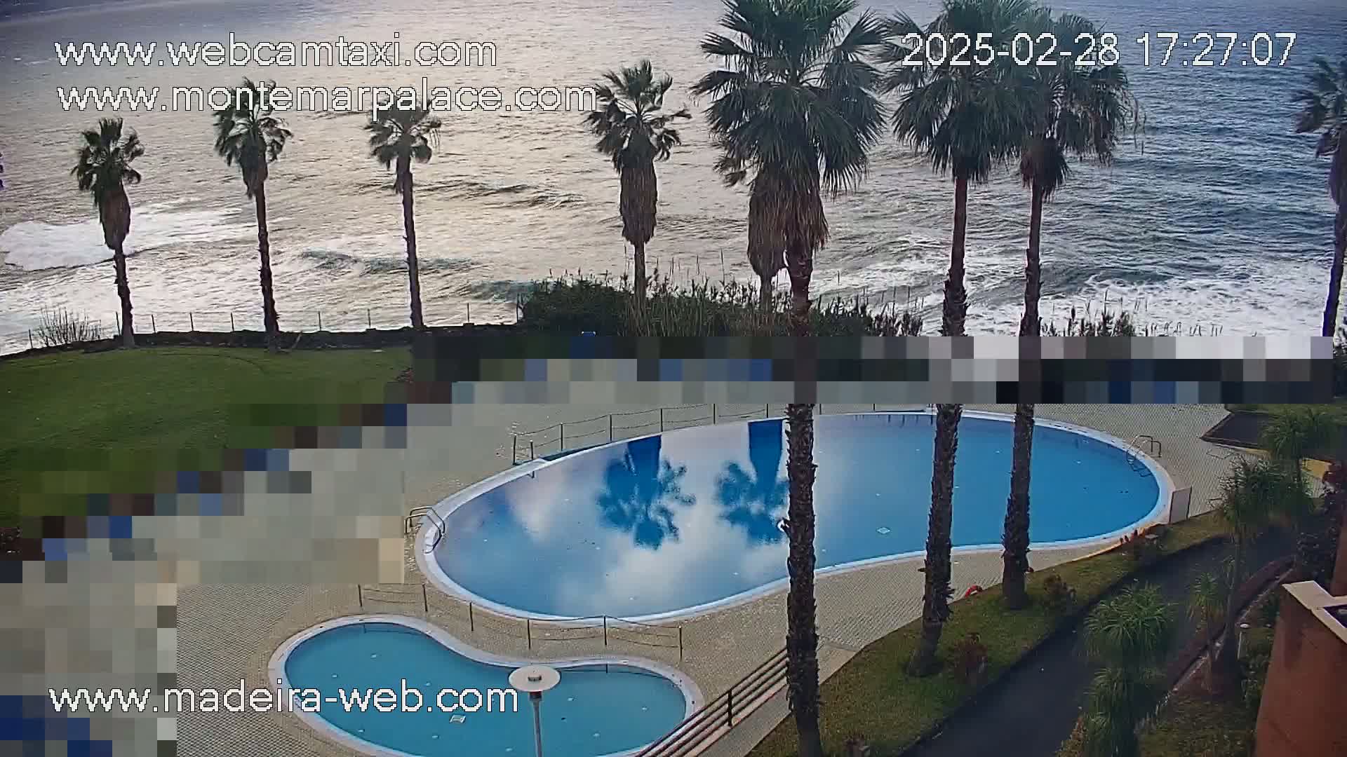 An outdoor kidney-shaped swimming pool and a smaller adjacent pool are surrounded by palm trees, with a wavy ocean visible in the background under a somewhat cloudy sky.