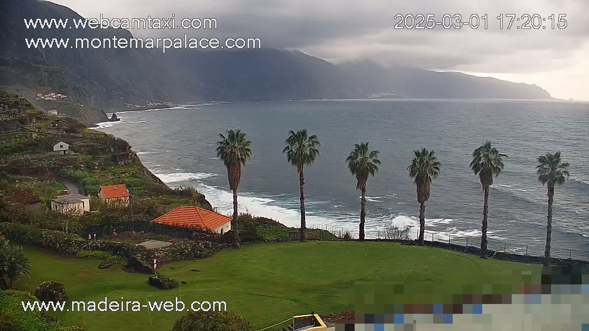 A coastal view on an overcast day shows a grassy area with several palm trees overlooking a rocky shoreline and ocean with small waves, backed by a mountainous region with small buildings visible on the hillside.