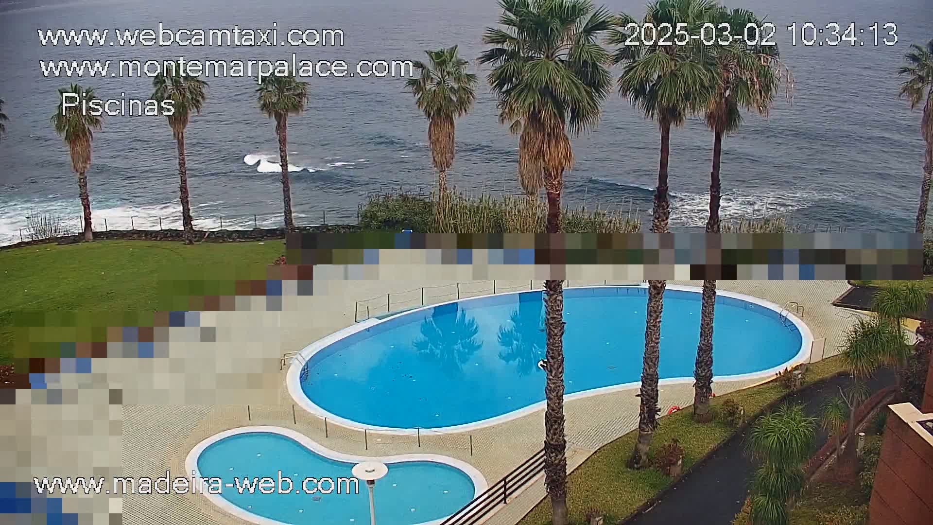 An overhead view shows a kidney-shaped swimming pool and a smaller adjacent pool, surrounded by palm trees and green landscaping, overlooking a dark-blue ocean on an overcast day.