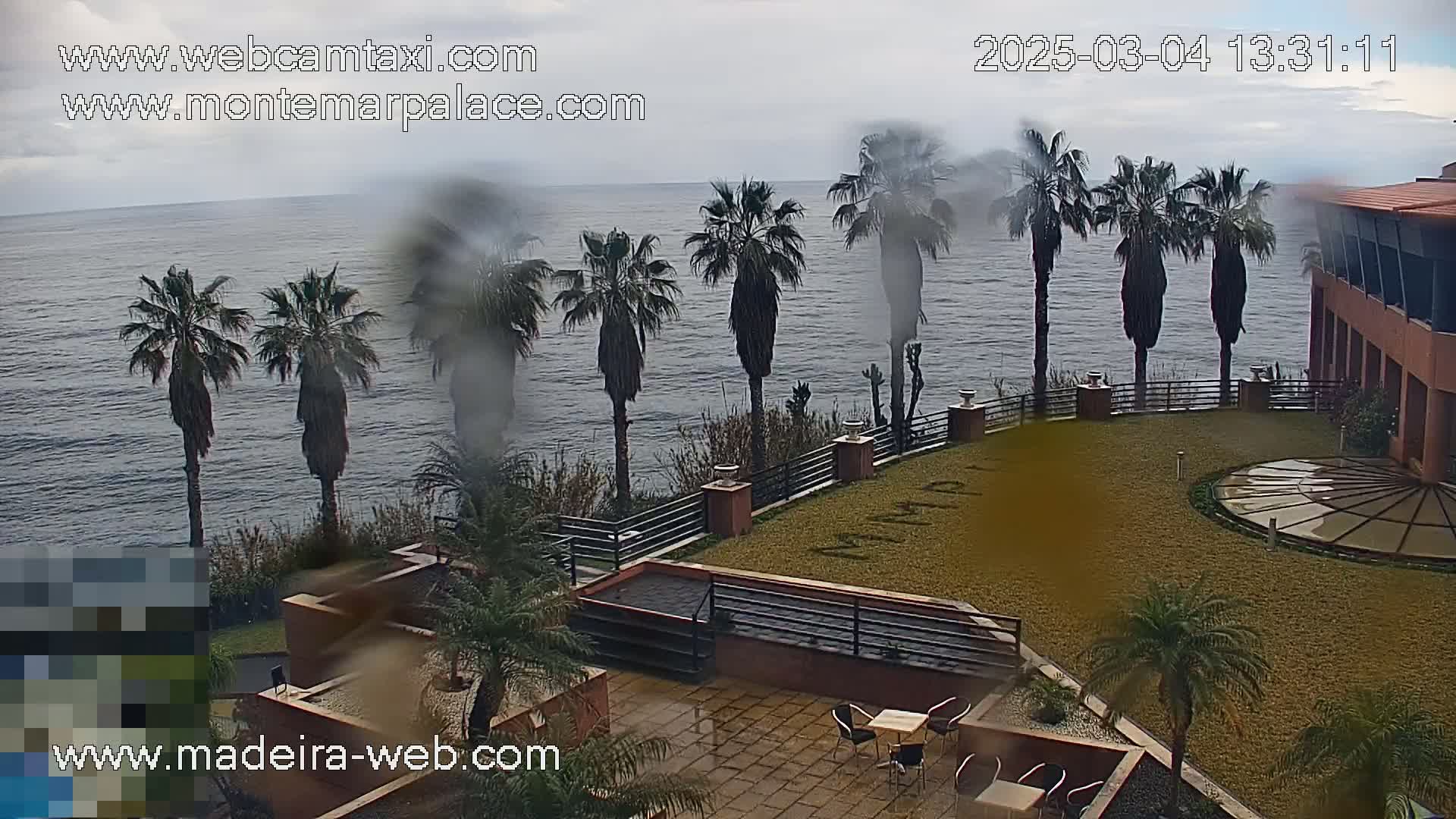 A resort courtyard with palm trees overlooks a calm ocean under an overcast sky.