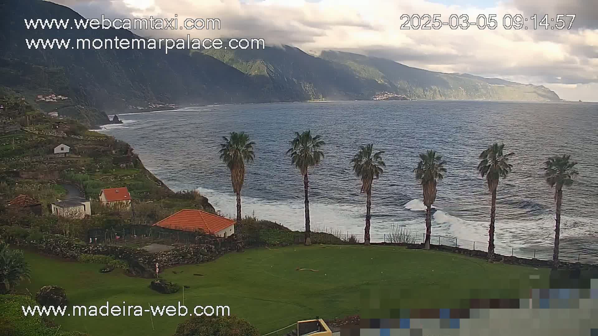 A coastal view shows a calm ocean with small waves lapping the shore near several palm trees on a grassy area overlooking houses and terraced farmland on a hillside under a partly cloudy sky.