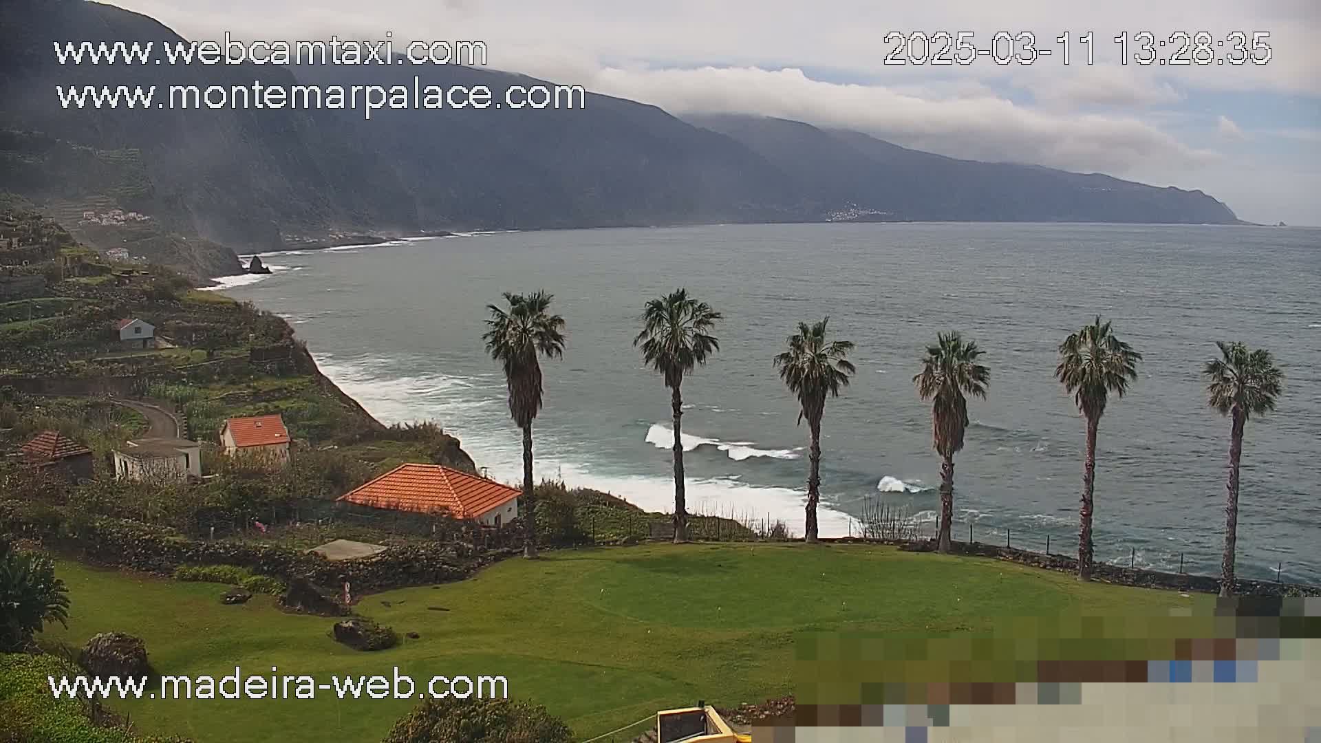 A coastal view on a cloudy day shows a green lawn with several palm trees overlooking a rocky coastline with small houses, a calm ocean with small waves, and a mountain range in the distance.