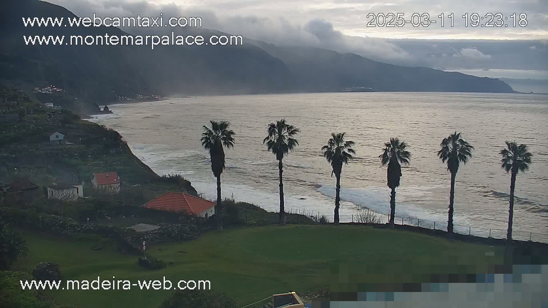 A coastal scene under cloudy skies shows a calm ocean with small waves lapping the shore near a grassy area with palm trees and a few houses on a cliffside.
