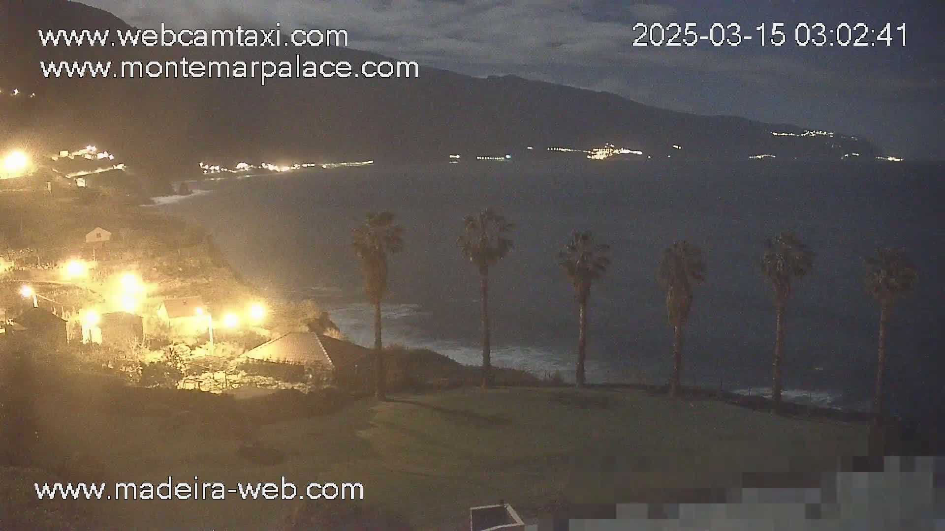 A nighttime coastal scene shows a dark ocean with small waves lapping the shore, illuminated buildings and palm trees on a hill overlooking the water, and distant lights on the opposite shore under a dark, cloudy sky.