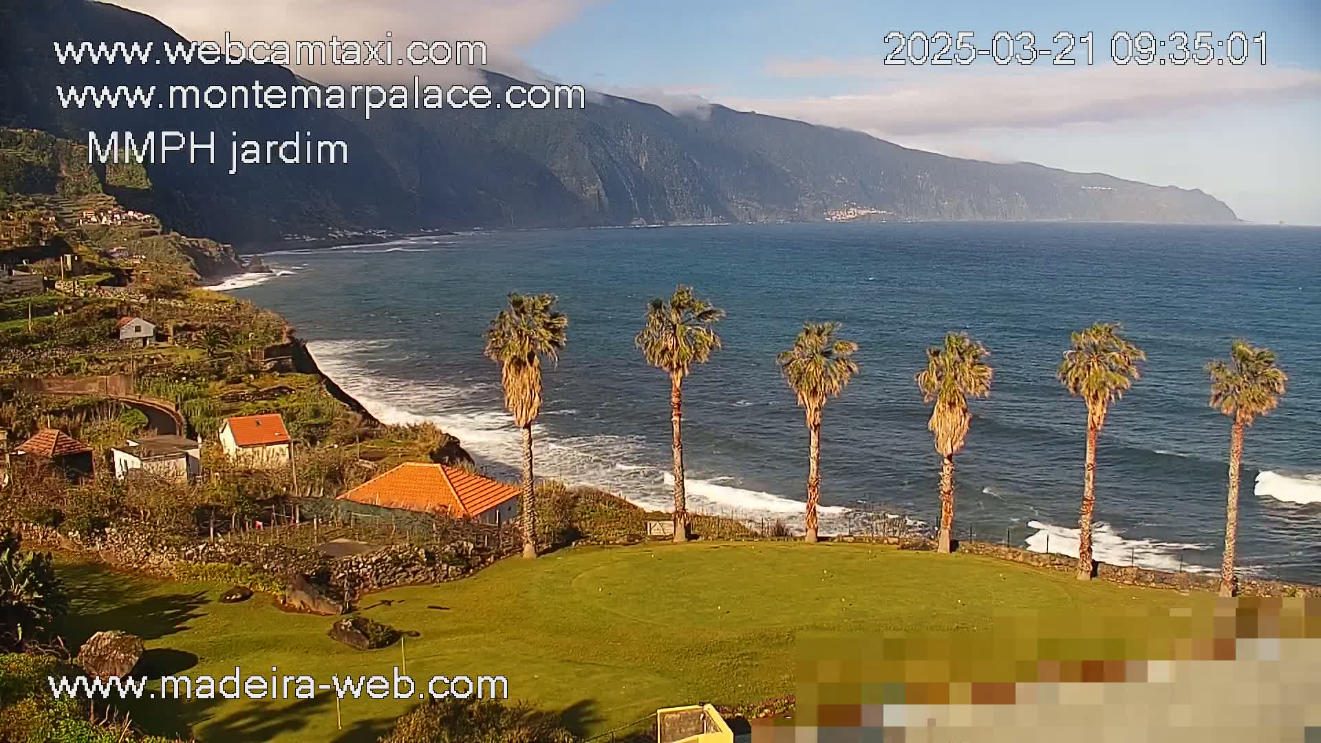 A coastal scene with a row of palm trees on a grassy area overlooking a calm ocean with small waves, a cliffside village, and mountainous terrain in the background under a partly cloudy sky.