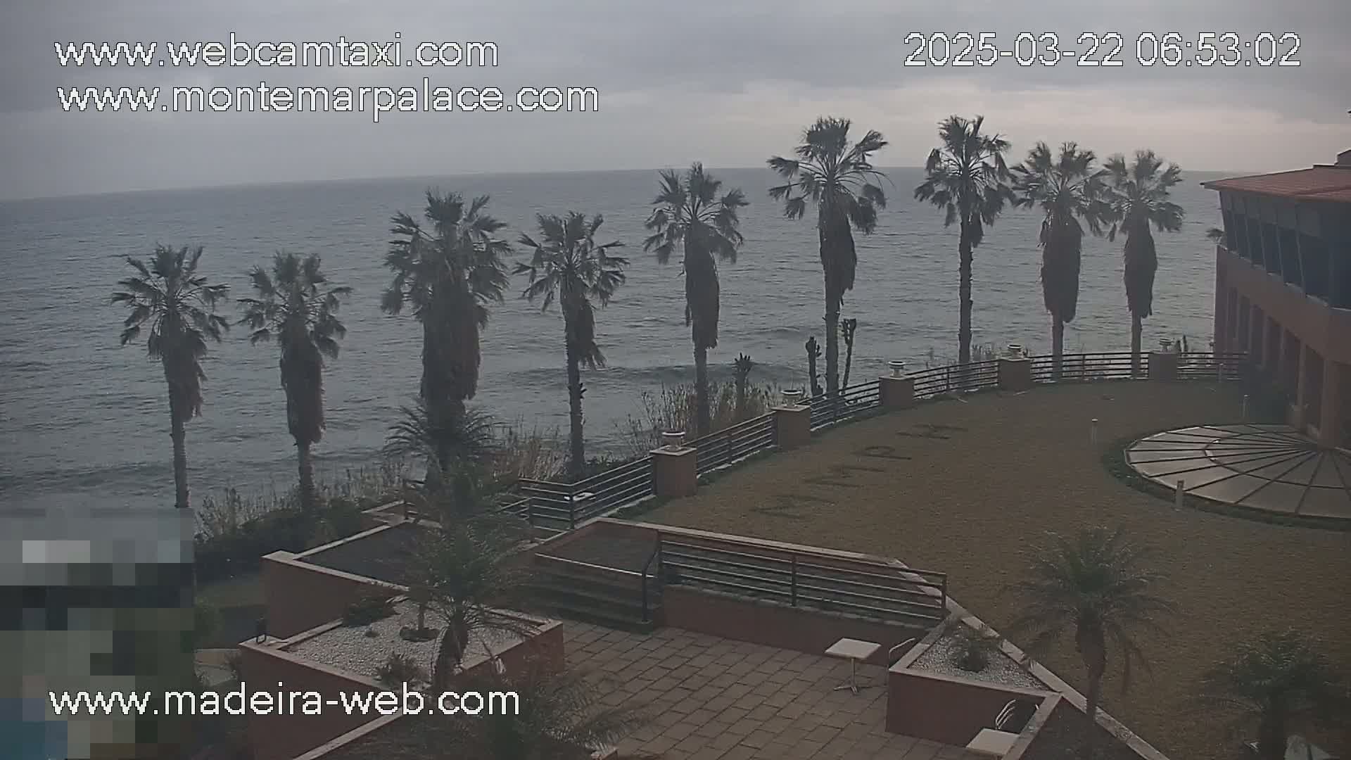 An overcast day shows a view of a resort overlooking the ocean, with several palm trees lining the cliffside and a courtyard with a circular structure in the foreground.