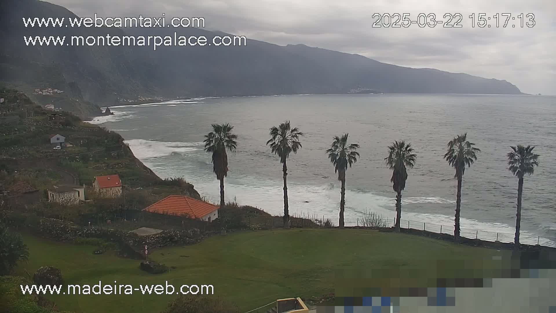 A coastal scene on an overcast day shows a rocky, green hillside with houses, several palm trees, and a calm ocean with small waves crashing against the shore, backed by distant mountains.