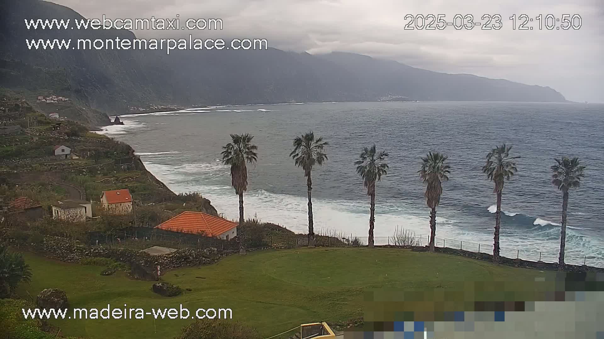 A coastal scene under overcast skies shows a rocky shoreline with houses, palm trees, and breaking waves on a dark-blue ocean against a mountainous backdrop.
