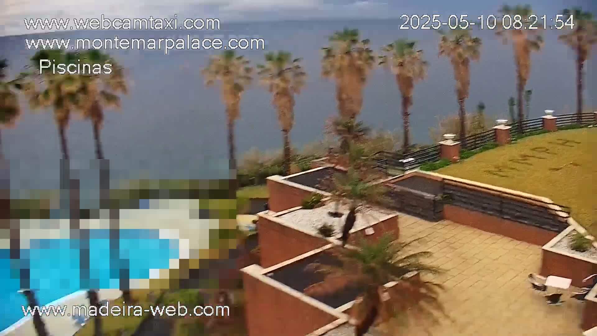 An overhead view shows a partially obscured swimming pool and patio area of a building overlooking a calm body of water, surrounded by palm trees under a cloudy sky.