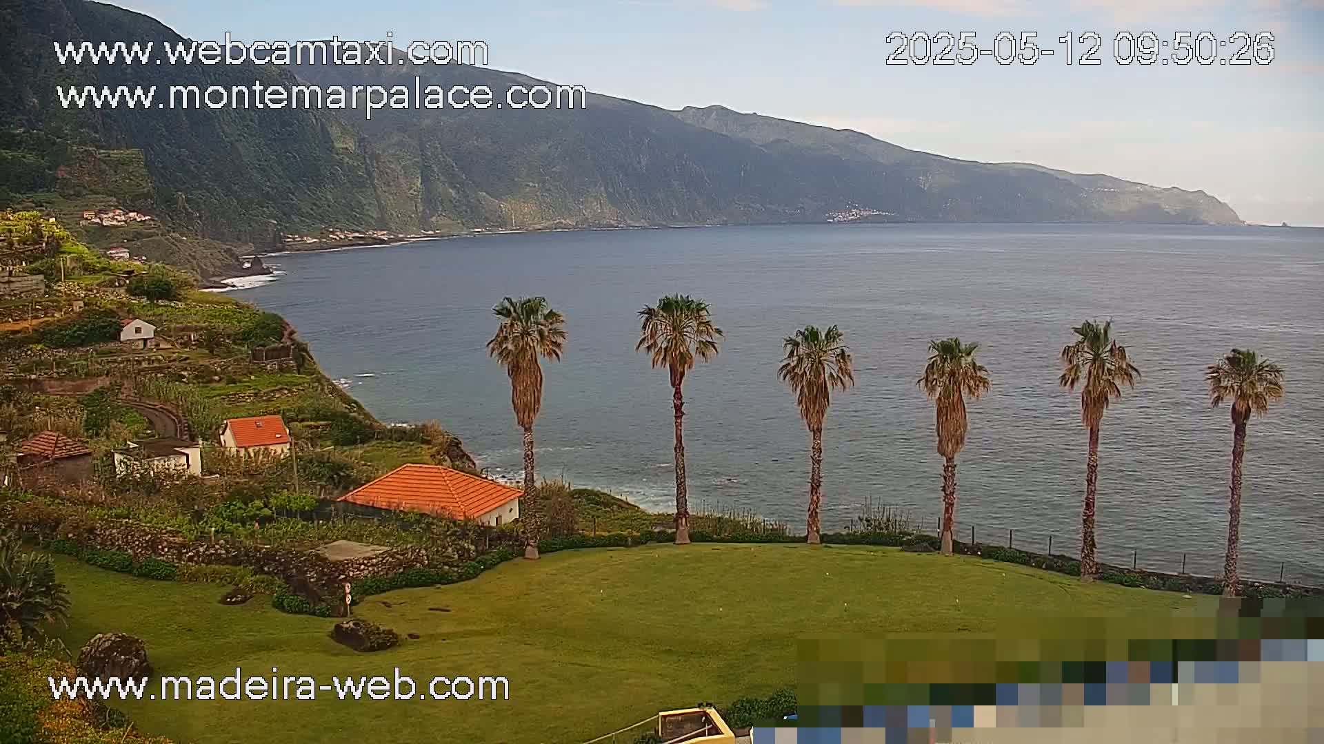 A coastal scene shows a calm ocean, a mountainous coastline with several houses, and a grassy area with palm trees in the foreground, under a mostly clear sky.