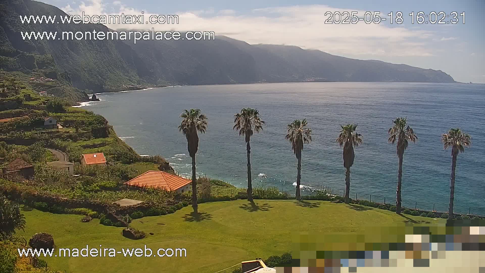A coastal scene on a partly cloudy day shows a green lawn with several palm trees overlooking a calm ocean, a rocky cliffside with small houses, and distant mountains.