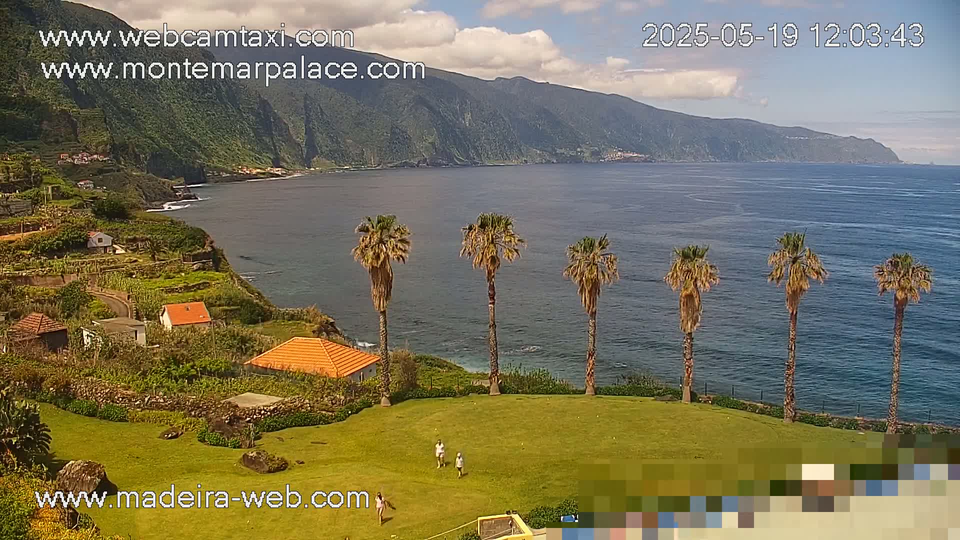 A partly cloudy day shows a coastal scene with a grassy area, several palm trees, small buildings, and a calm ocean with mountains in the distance.