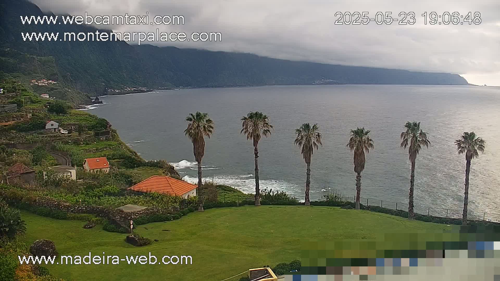 A coastal scene under overcast skies shows a green lawn with several palm trees overlooking a calm ocean, a rocky coastline with small houses, and distant mountains.