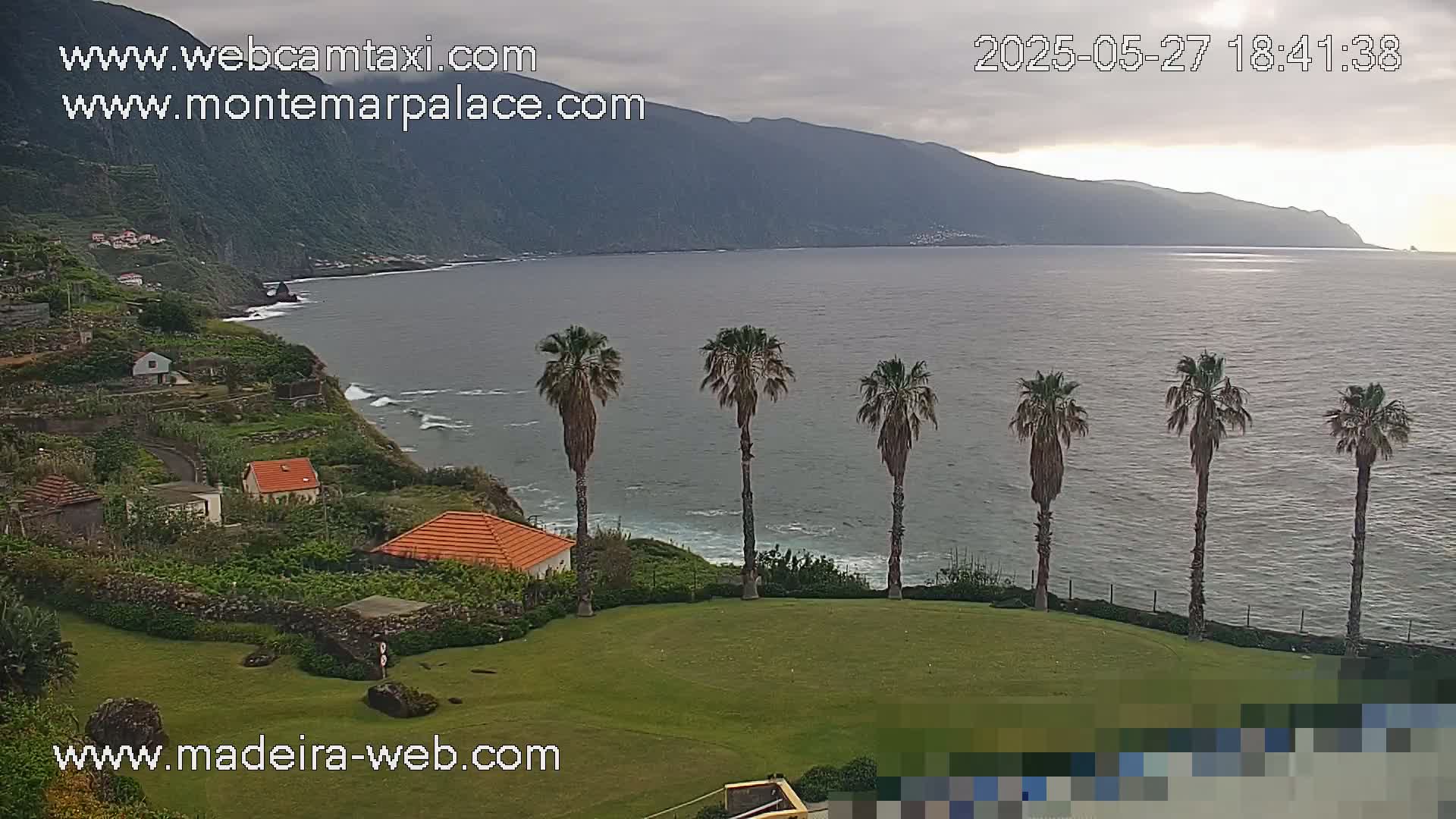 A coastal scene on a cloudy day shows a calm ocean stretching to a mountainous backdrop, with several palm trees and small houses situated on a grassy hillside overlooking the water.