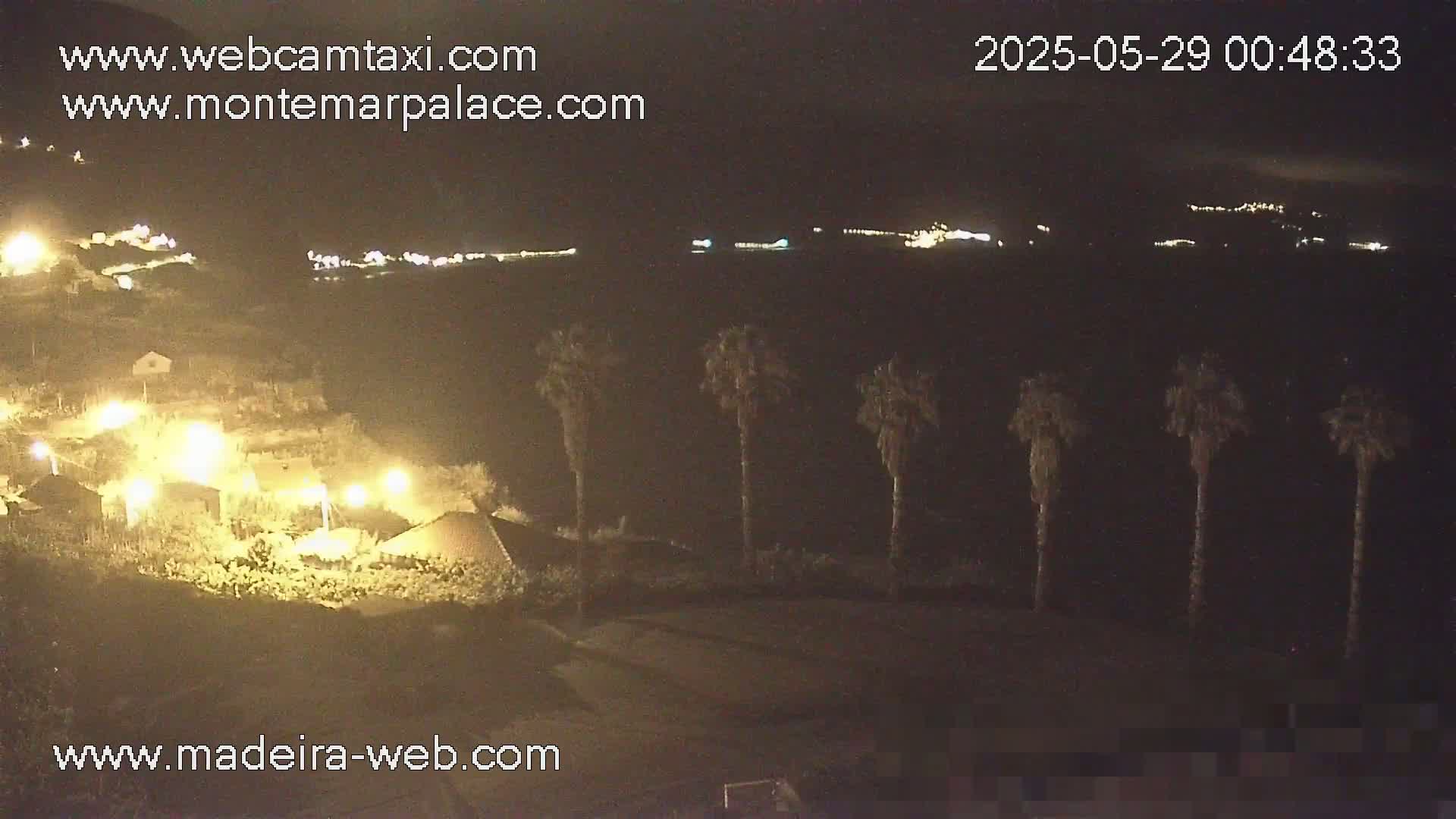 A nighttime view of a coastal area shows illuminated buildings and palm trees, with a dark body of water visible in the distance.