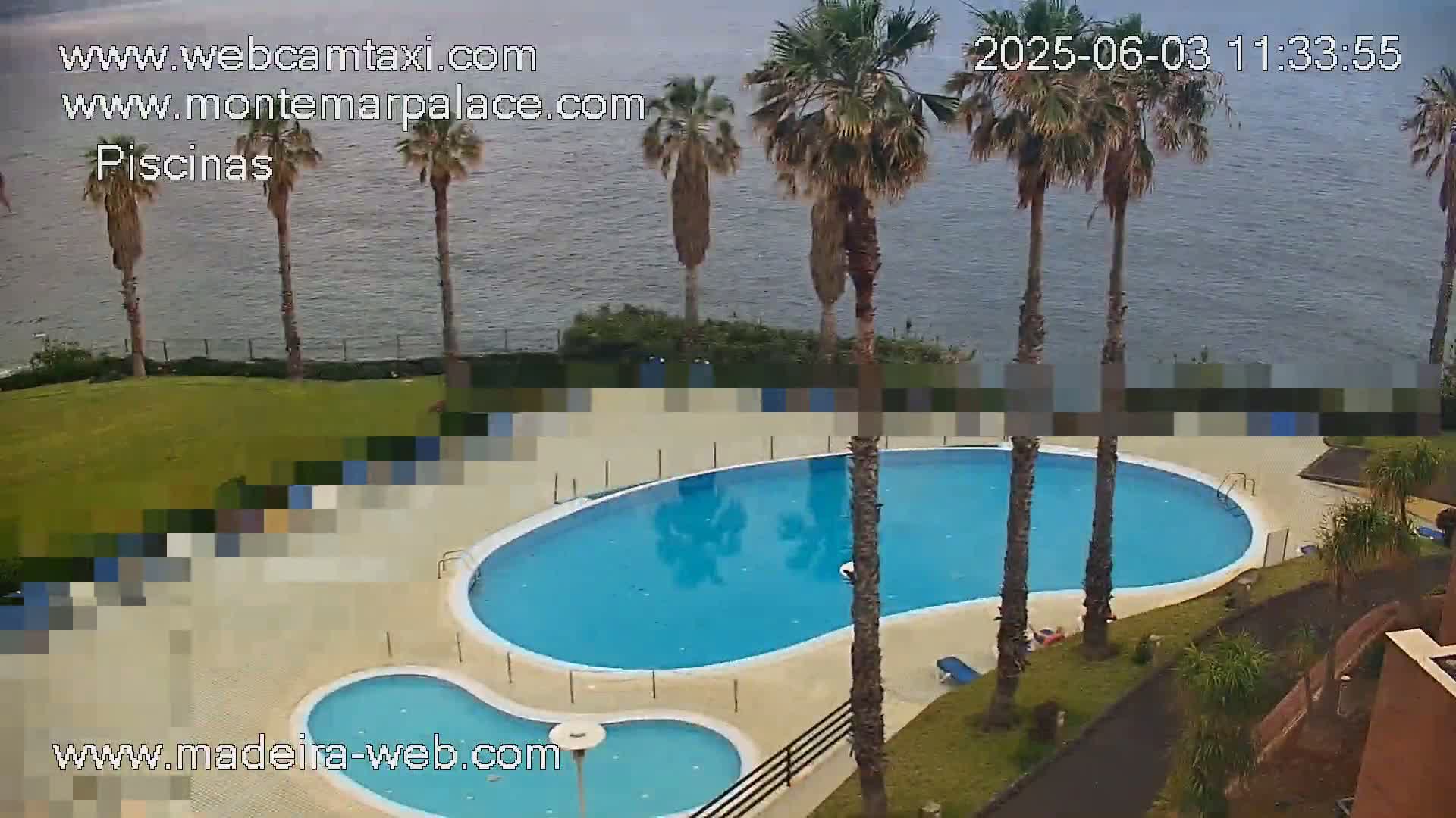 An outdoor pool complex with palm trees is situated next to a body of water under a partly cloudy sky.