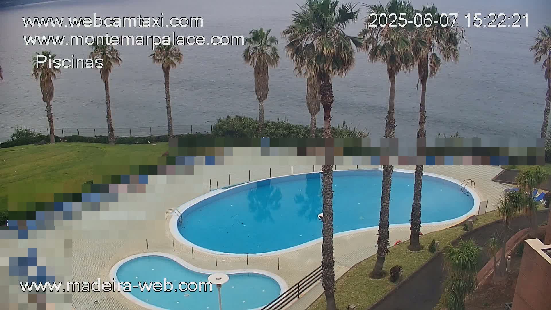 An overhead view of a kidney-shaped swimming pool and a smaller children's pool, surrounded by palm trees and overlooking a calm body of water on an overcast day.