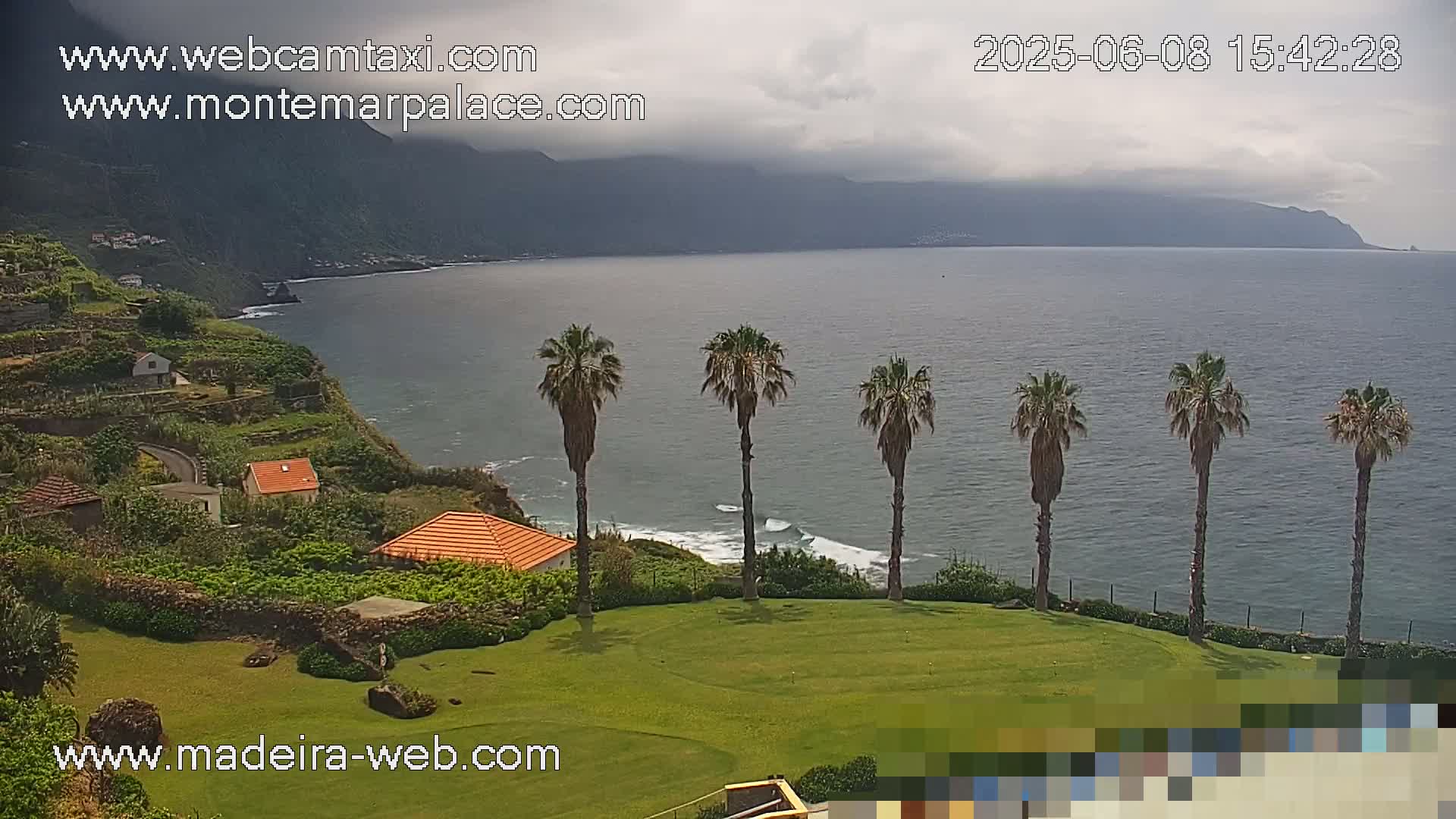 A coastal scene under overcast skies shows a grassy area with several palm trees overlooking a calm ocean, a rocky coastline with small buildings, and distant mountains.