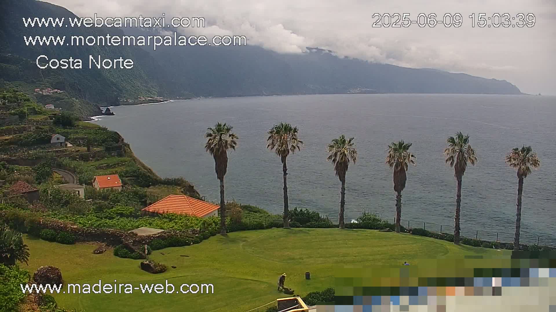 A person mows a lawn overlooking a calm ocean and a mountainous coastline under partly cloudy skies.