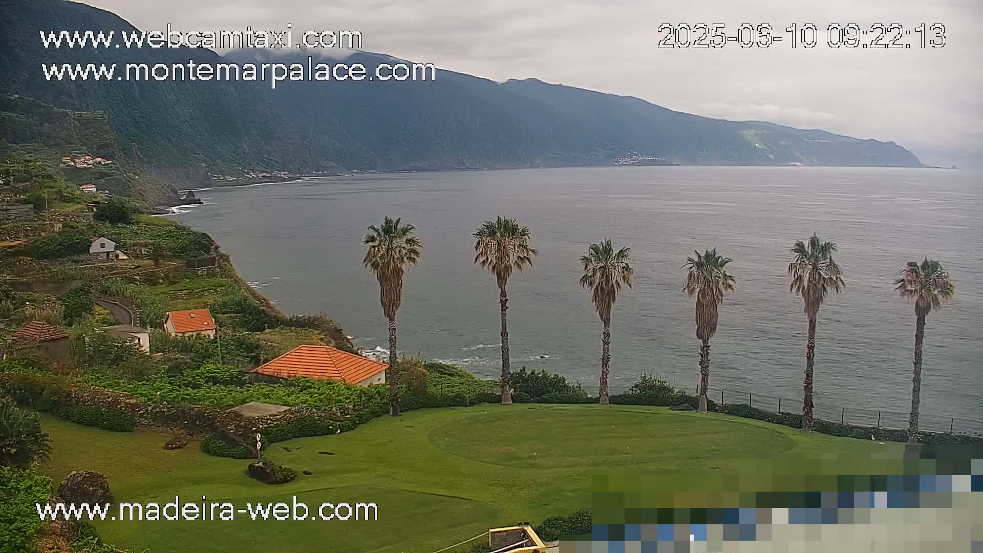 A coastal view on an overcast day shows a grassy area with several palm trees overlooking a calm ocean and a mountainous coastline with small houses nestled into the hillside.