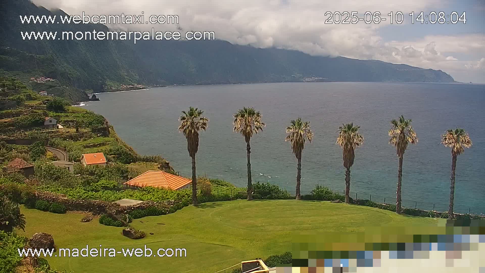 A coastal scene on a partly cloudy day shows a green lawn with several palm trees overlooking a calm ocean and a mountainous coastline with small buildings.