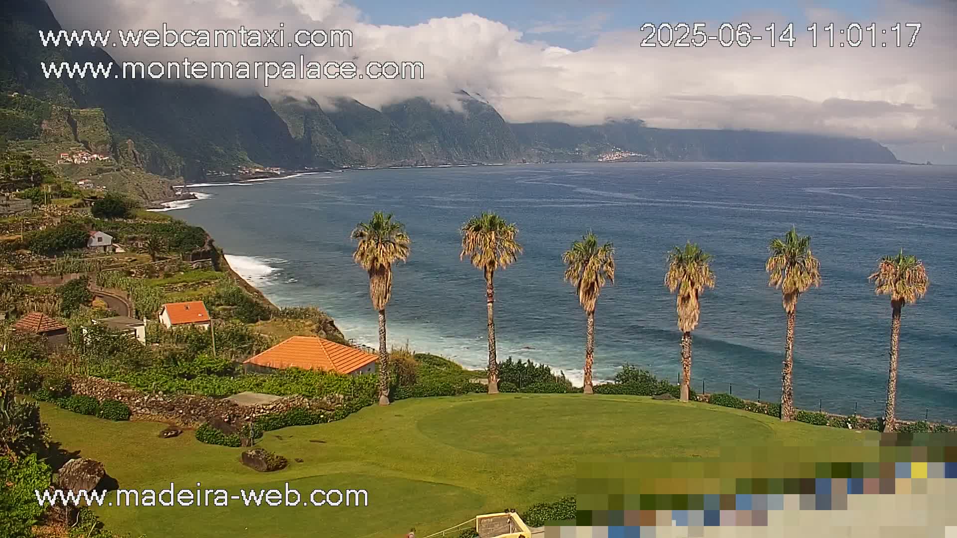 A partly cloudy day shows a coastal scene with a grassy area in the foreground, several palm trees, and a cliffside village overlooking a dark blue ocean.