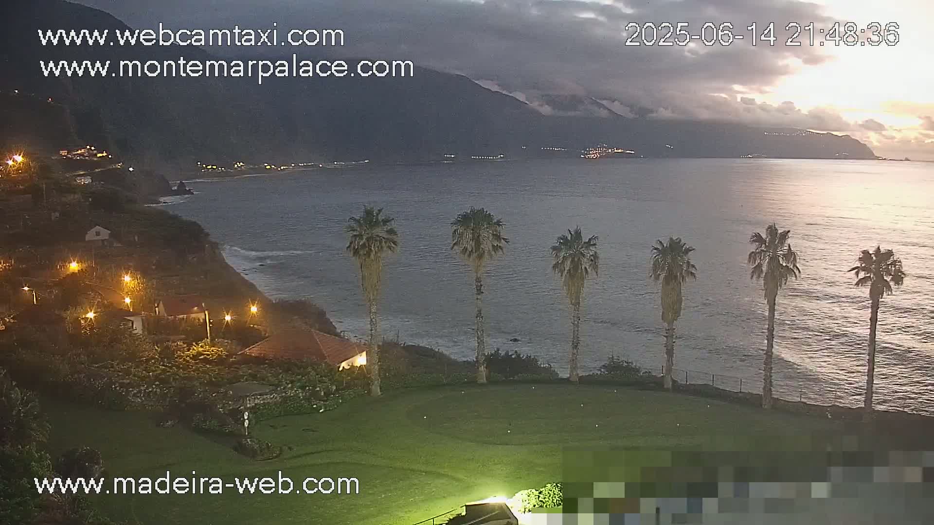 A partly cloudy day overlooking a calm ocean, with a grassy lawn, several palm trees, and houses nestled into a hillside.