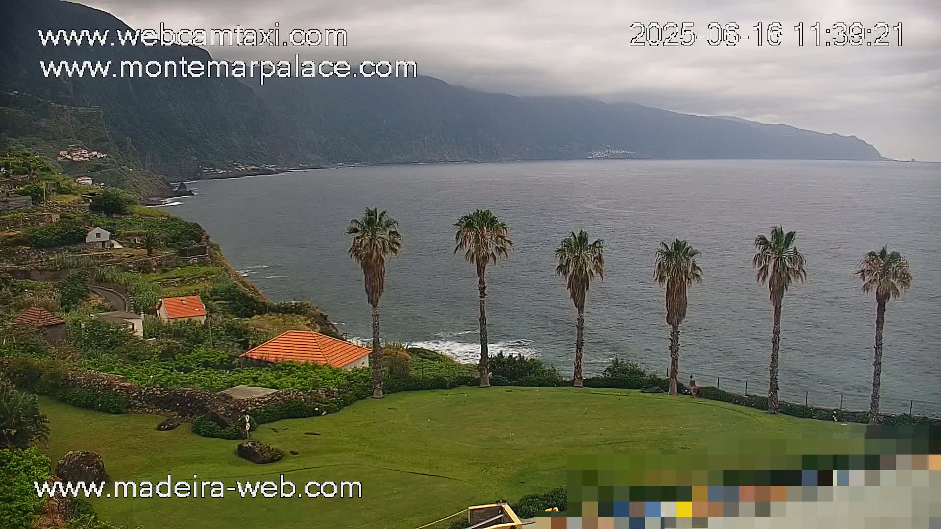 A coastal view on an overcast day shows a grassy area with palm trees overlooking a calm ocean and a mountainous region.