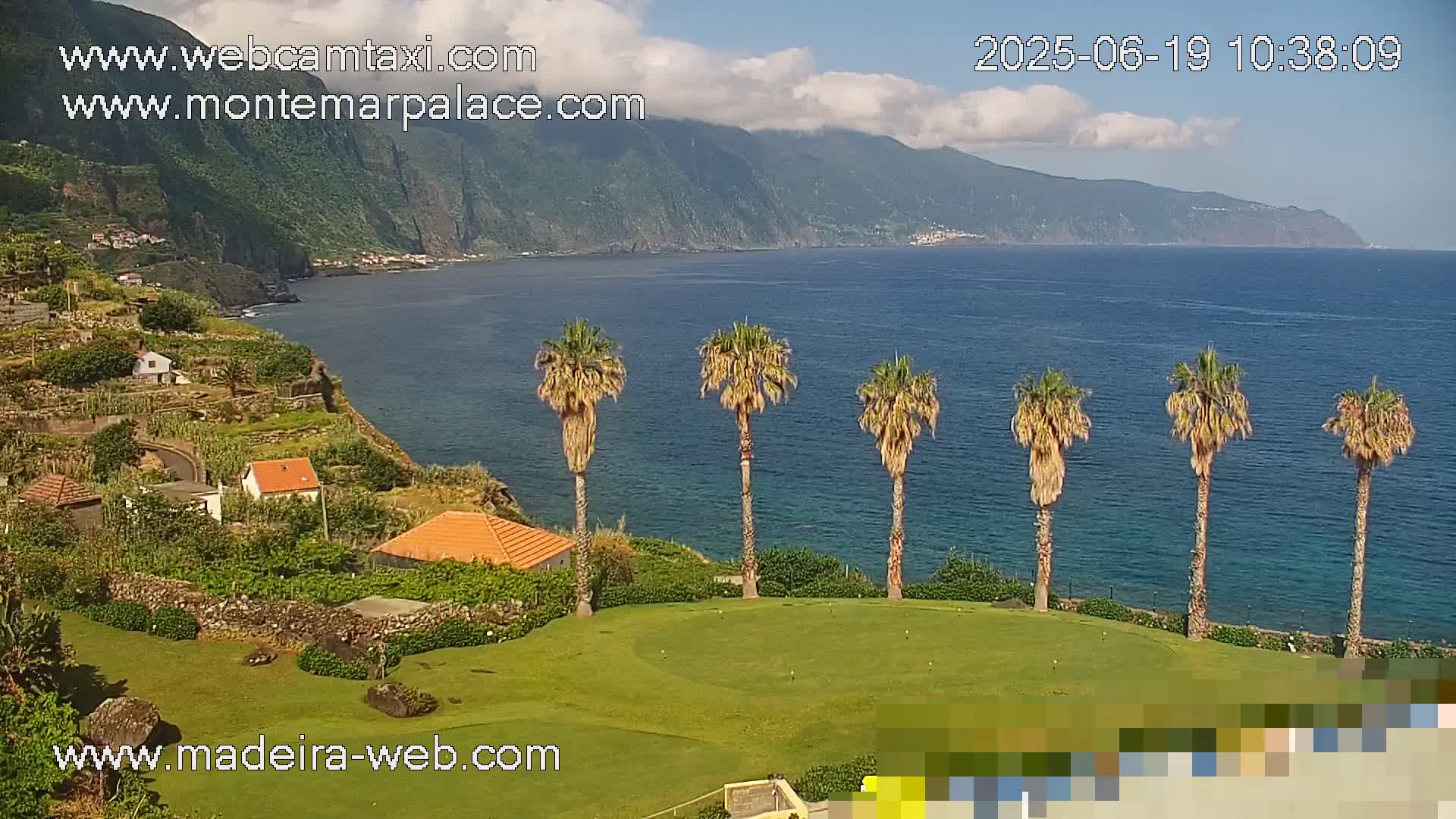 A partly cloudy day reveals a coastal scene with a green lawn, several palm trees, houses on a hillside overlooking a calm ocean, and mountains in the distance.