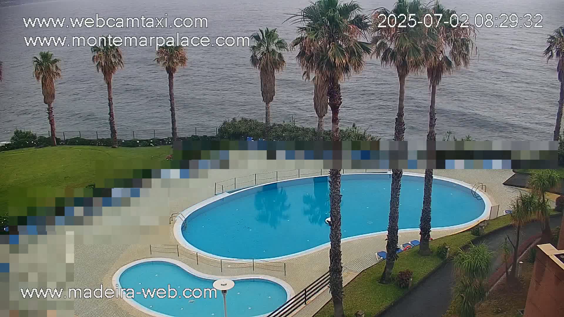 An outdoor kidney-shaped swimming pool and a smaller adjacent pool are situated on a grassy area next to a calm body of water, overlooked by several palm trees under an overcast sky.