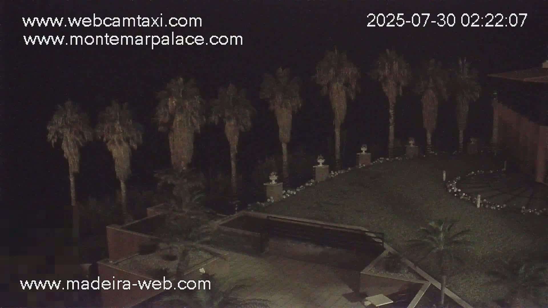 Overlooking a calm ocean, palm trees line a grassy courtyard with a circular patio area adjacent to a building under a cloudy sky.