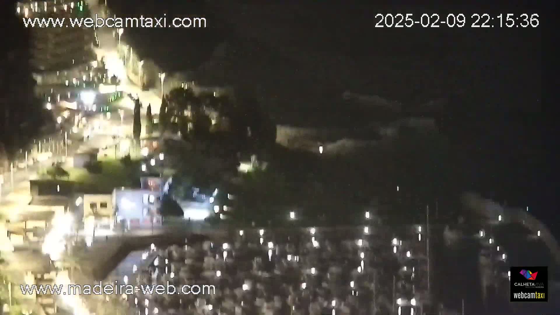 A nighttime, high-angle view shows a coastal town with roads and buildings illuminated, a dark body of water in the foreground, and numerous small lights possibly indicating boats at a marina.