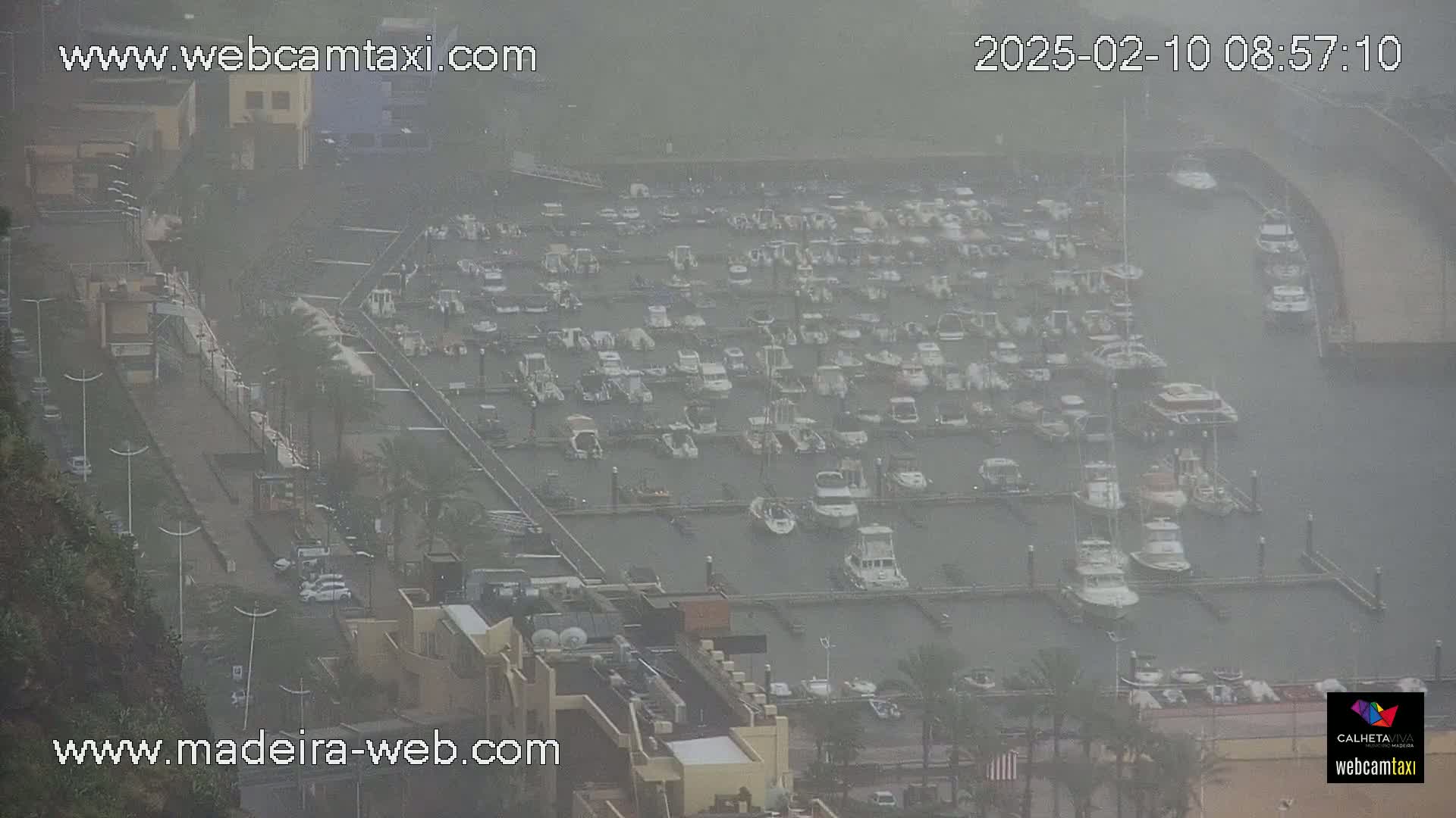 A marina filled with numerous boats is seen on an overcast day during a light rain.