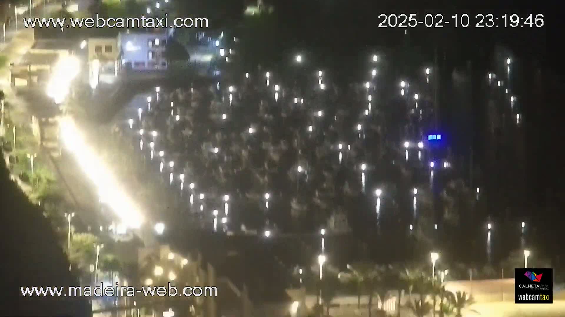 A large crowd of people is gathered outdoors at night under numerous lights, illuminated by bright light sources.