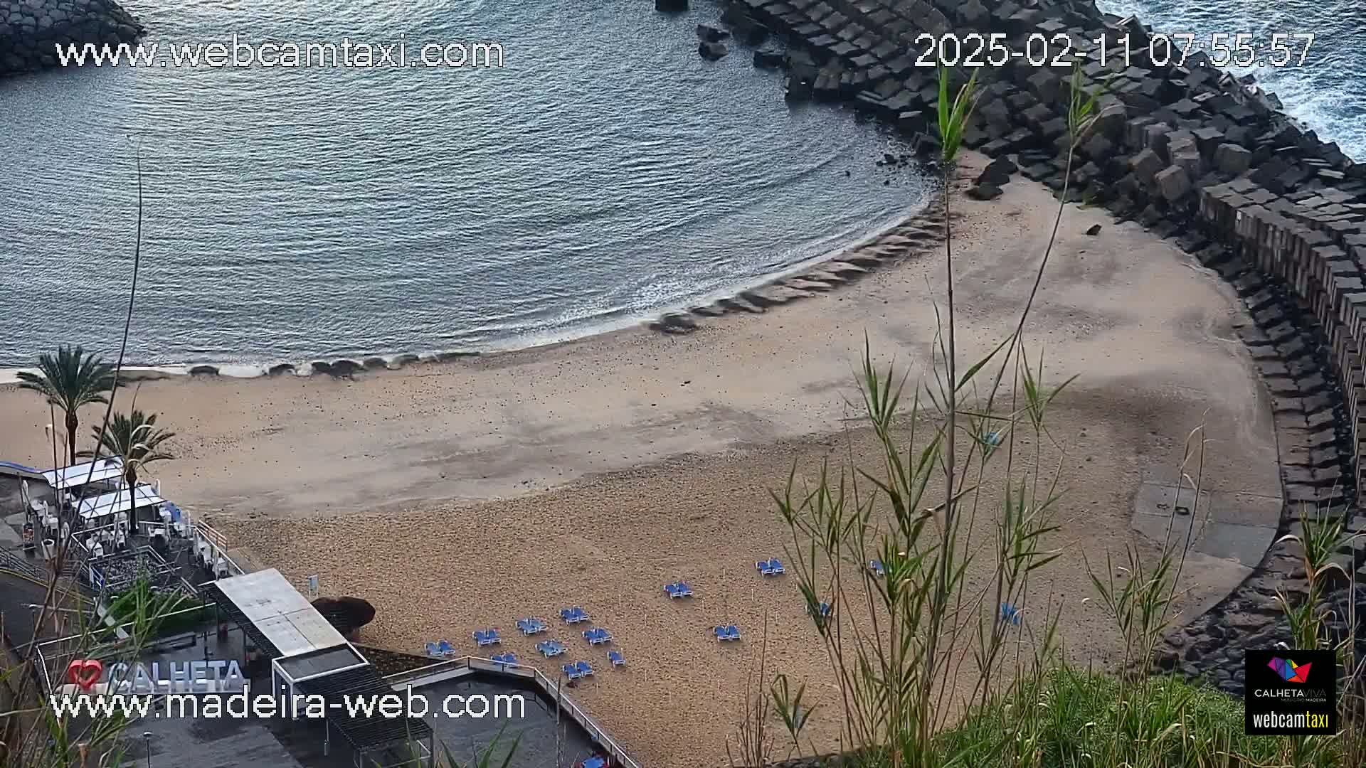 An aerial view shows a sandy beach curving into a calm, blue ocean, with several lounge chairs spaced out on the sand and vegetation in the foreground.
