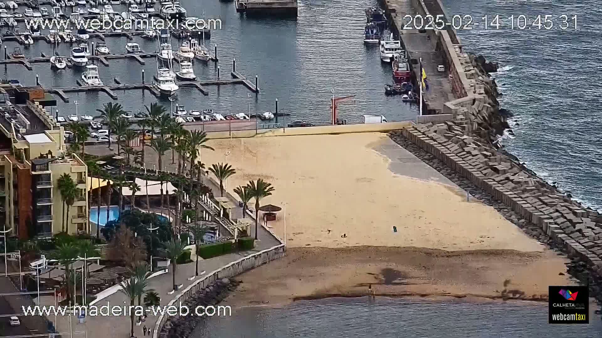 An aerial view shows a sandy beach next to a harbor filled with boats, a resort with a pool, and palm trees, all under a mostly clear sky.