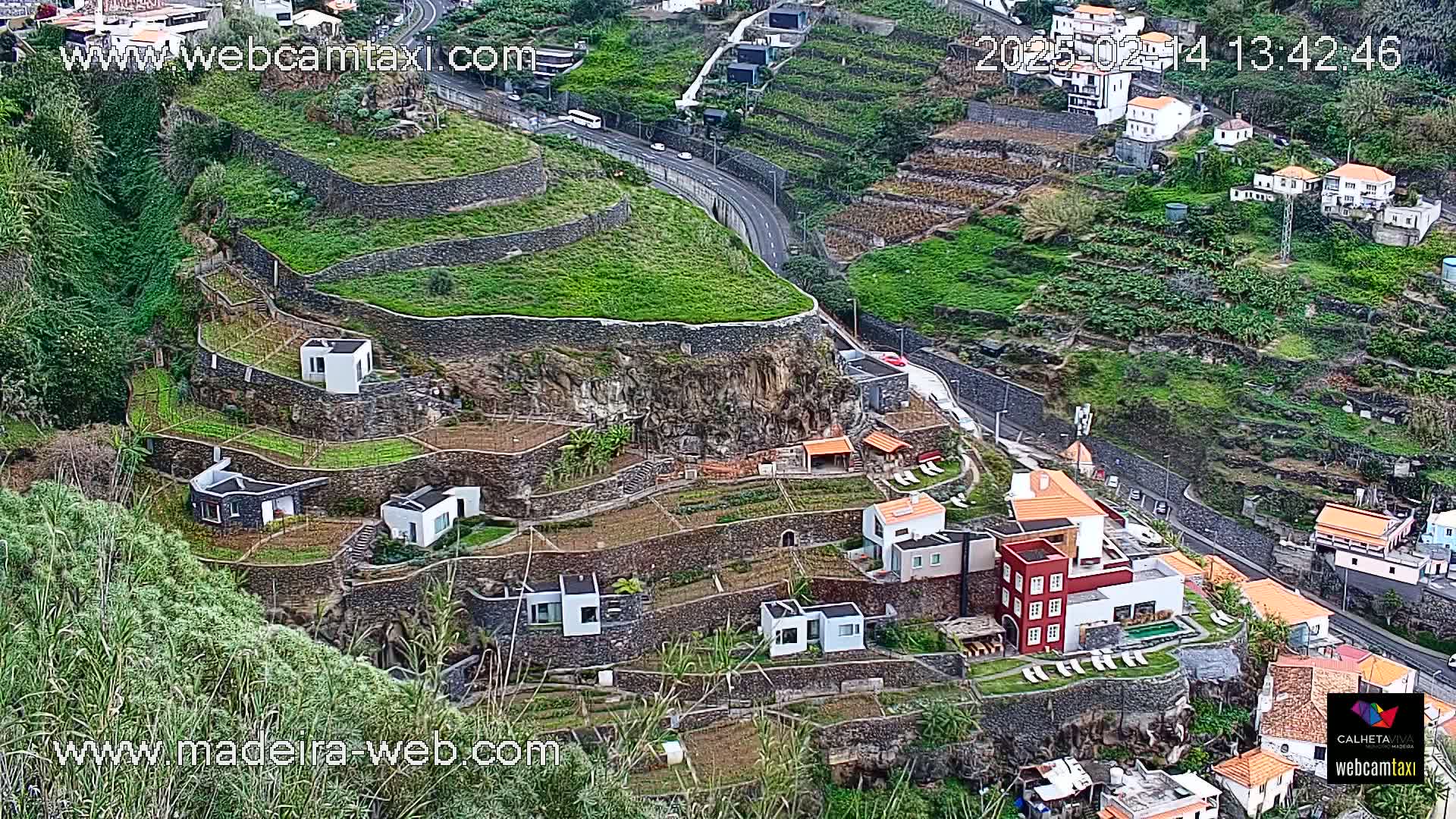 Terraced hillside houses and gardens overlook a winding road, under overcast skies.