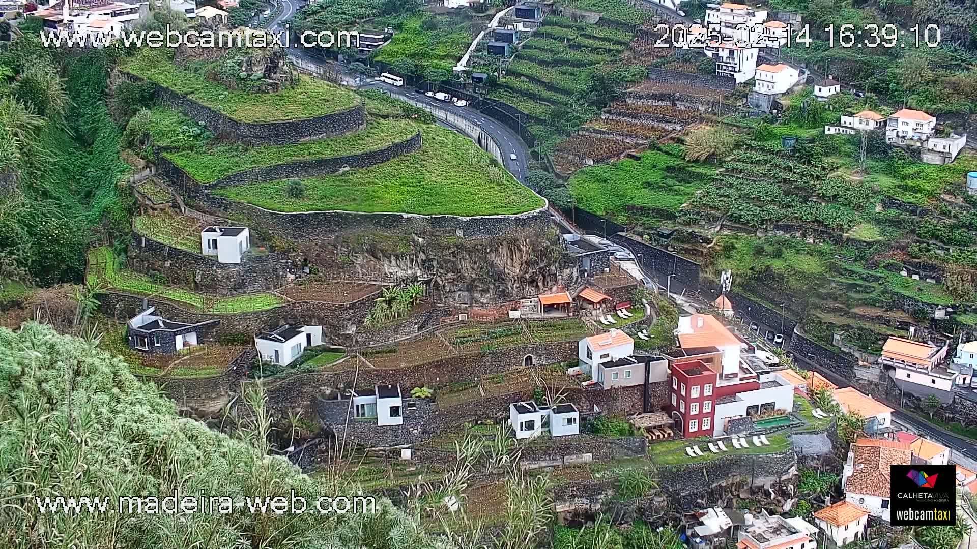 A hillside village with terraced gardens and houses, viewed on a rainy day.