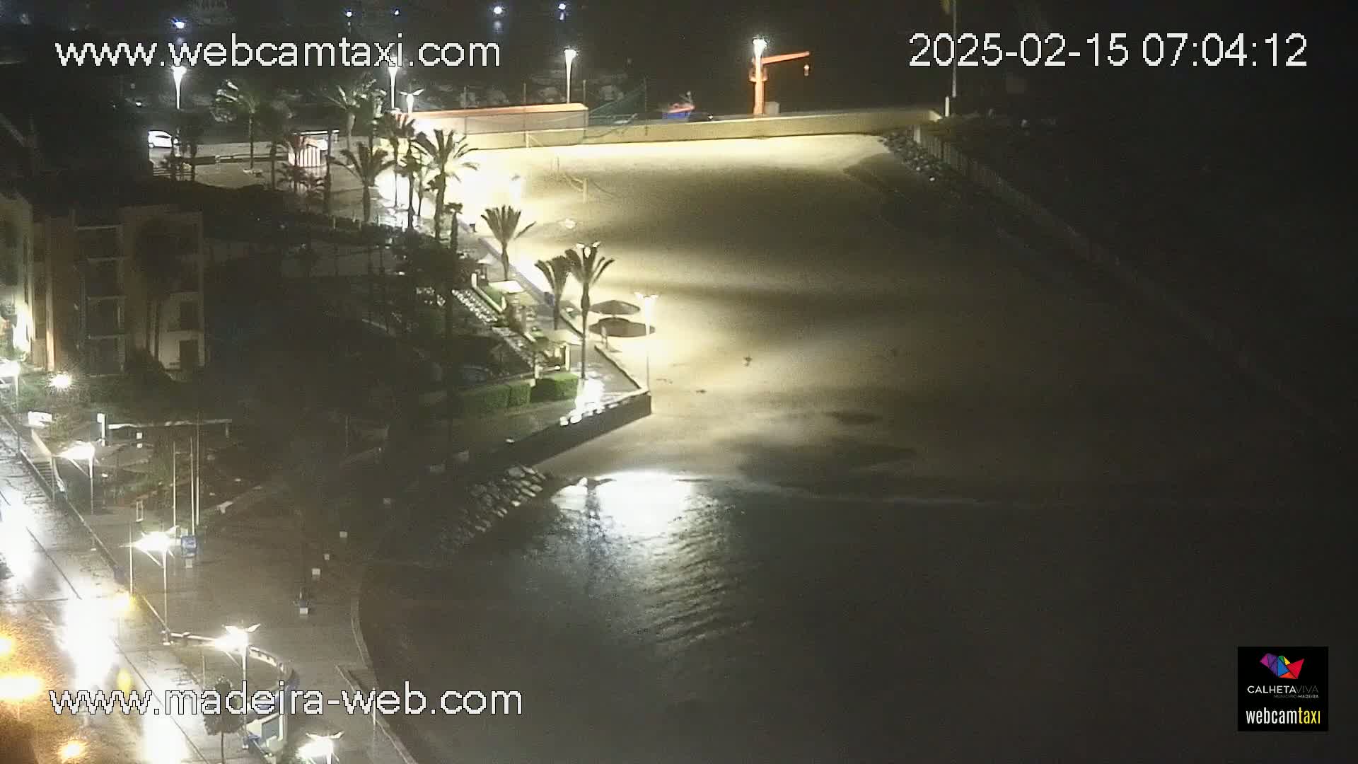 A nighttime view of a mostly empty beach with palm trees, buildings, and streetlights, next to calm water.