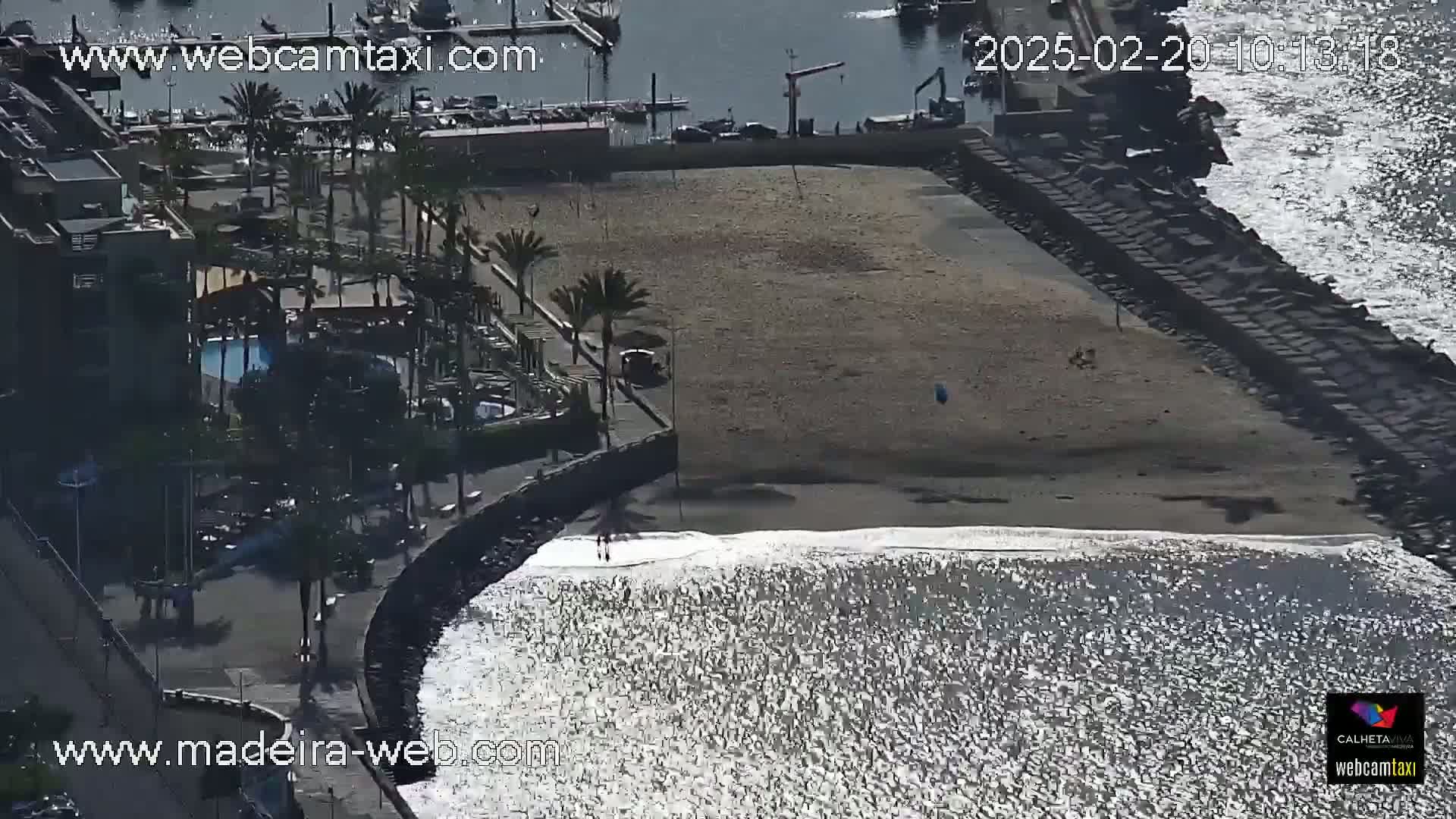 An aerial view shows a mostly empty beach with small waves lapping the shore, next to a building and a marina on a sunny day.