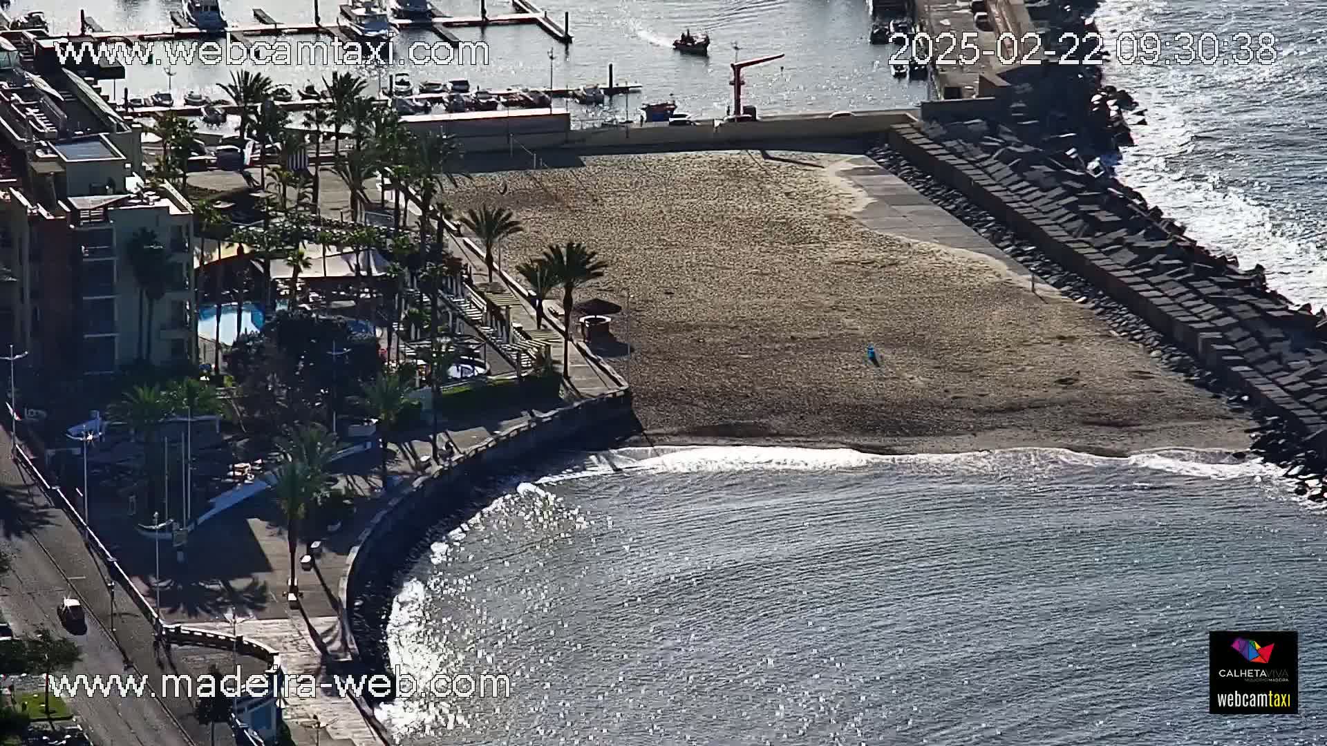 An aerial view shows a sandy beach with small waves lapping the shore next to a building complex and a harbor, under sunny conditions.
