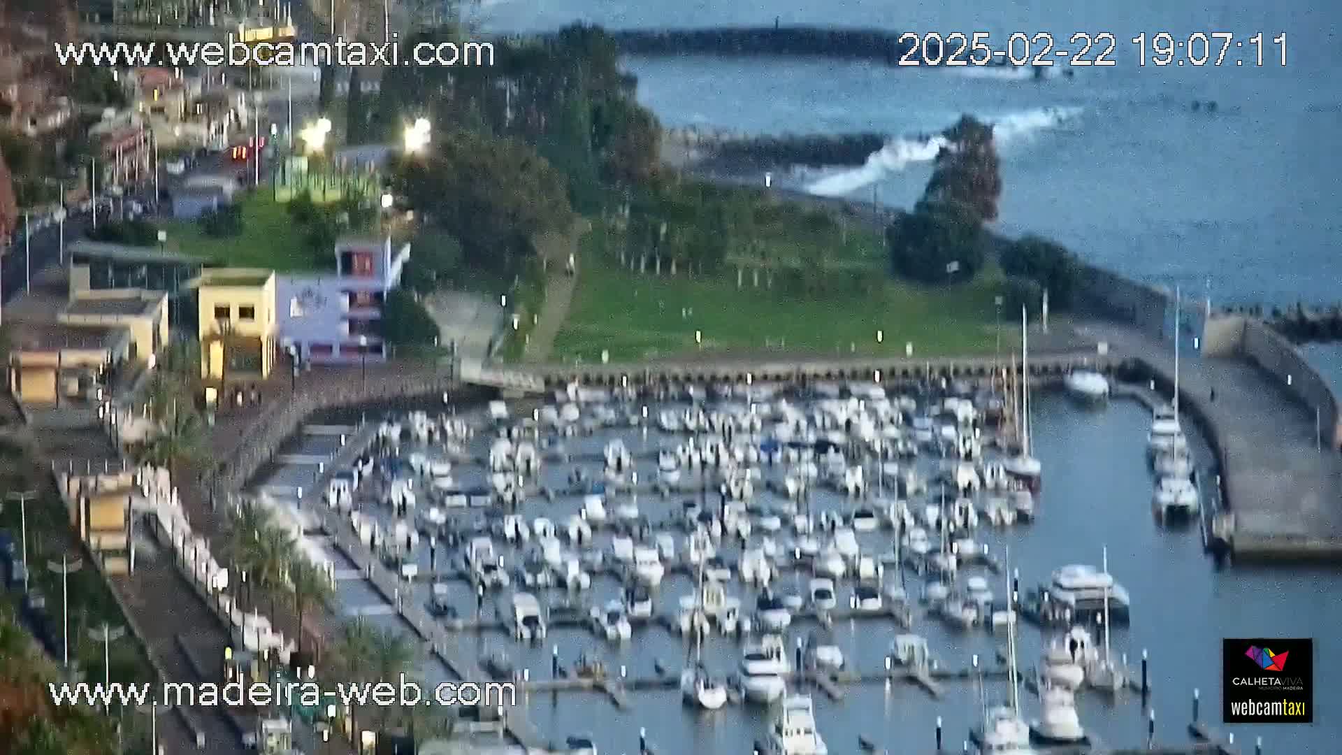 A marina filled with numerous boats is situated near a grassy area and coastline, under a partly cloudy evening sky.
